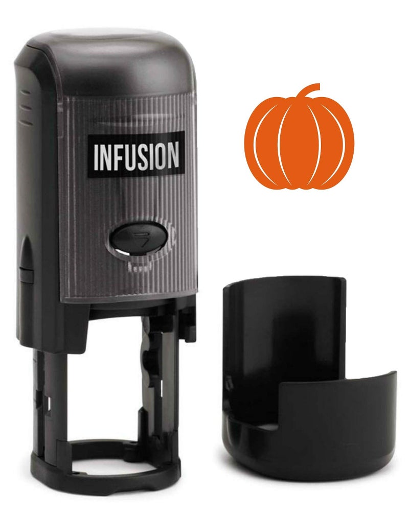 Infusion Round Teacher Stamp, Holiday, 3/4'' Self-Inking Rubber Stamp - Pumpkin - Orange Ink - Image 1